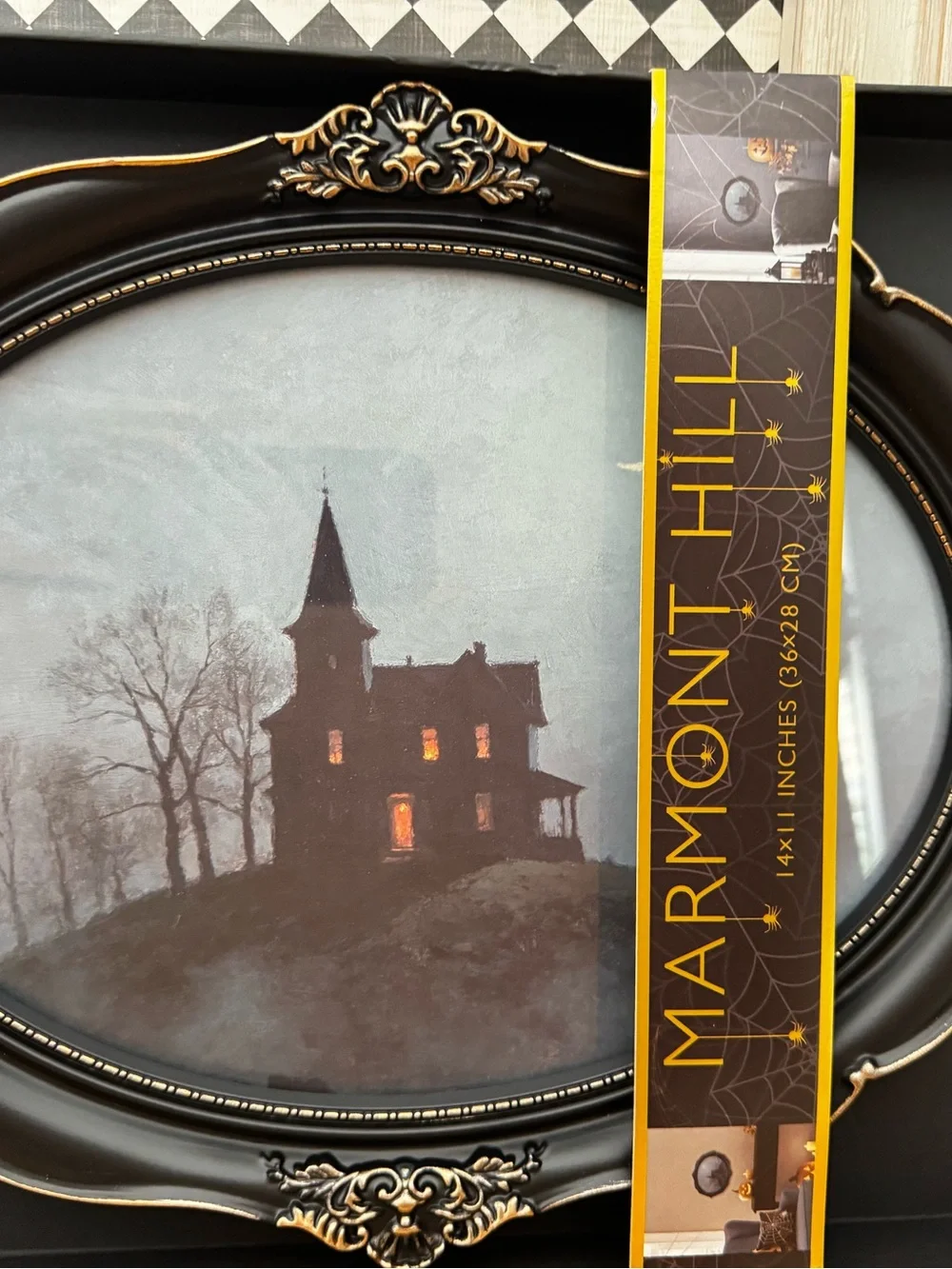 Black Ornate Oval Framed Wall Art - Haunted House Print